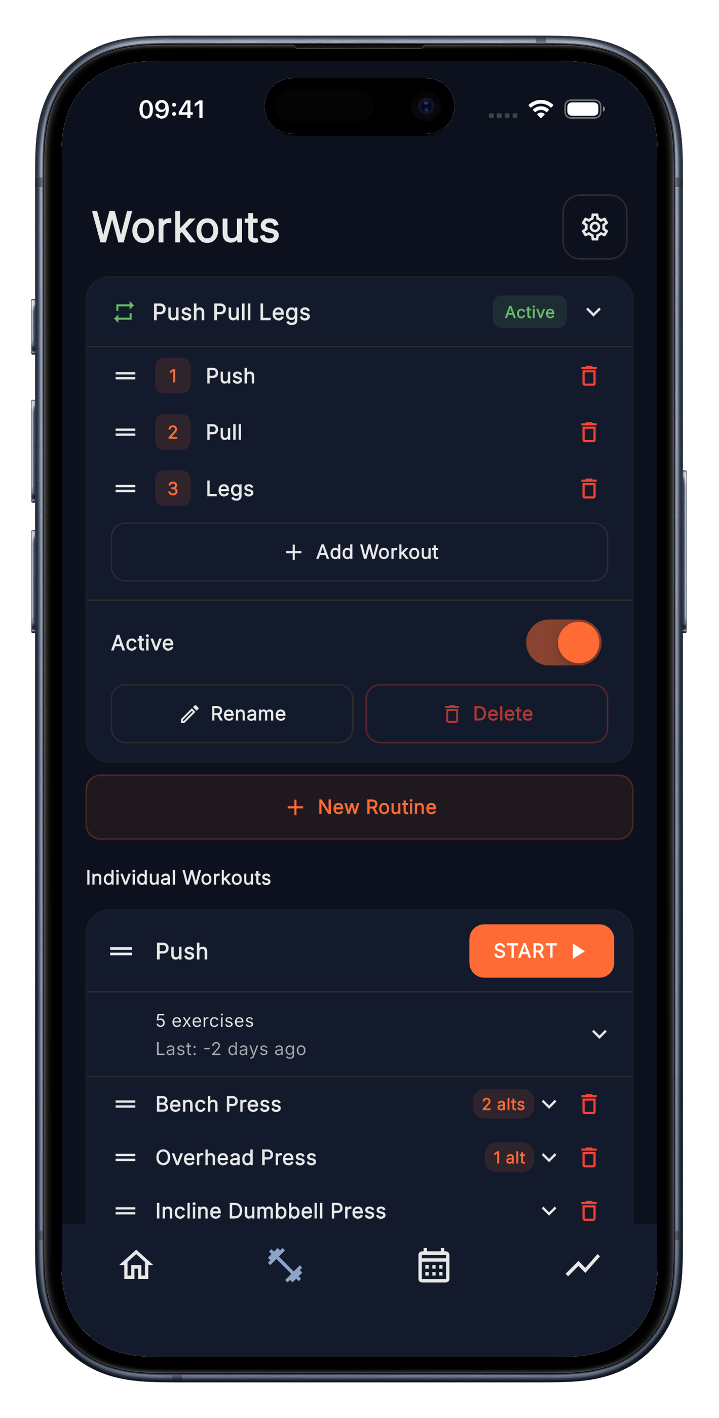 Stark templates screen showing a Push/Pull/Legs routine with reorderable workouts.